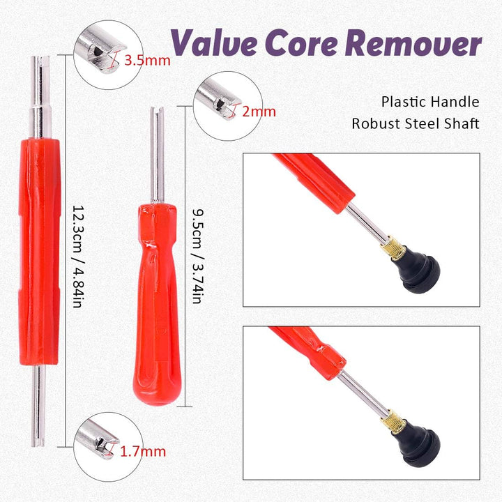 Valve core removal tools and measurements