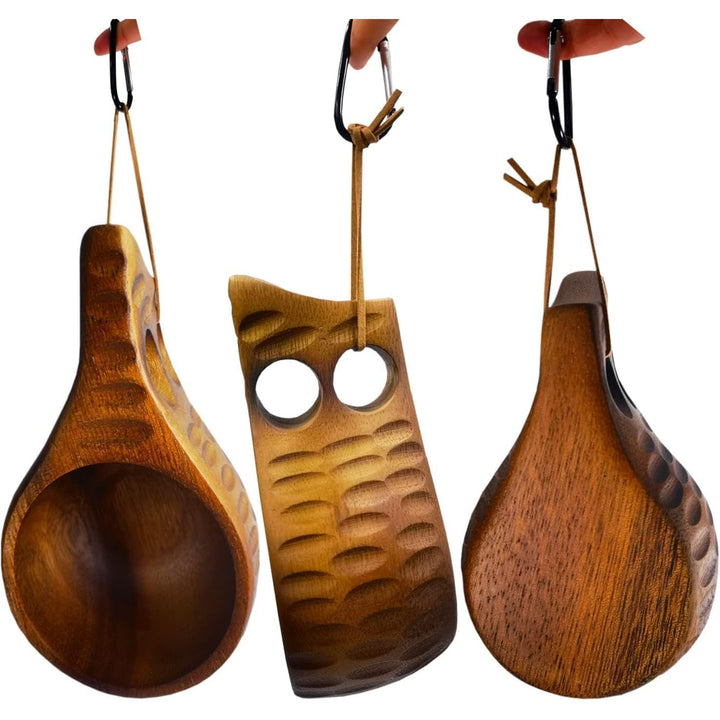 One wooden camping cup shown from front side and back angles