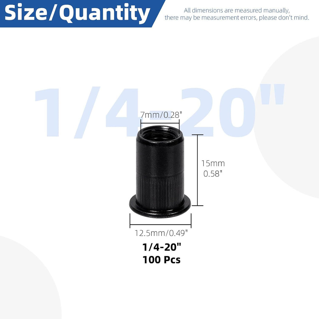 Black zinc-plated 1/4-20 UNC rivet nuts