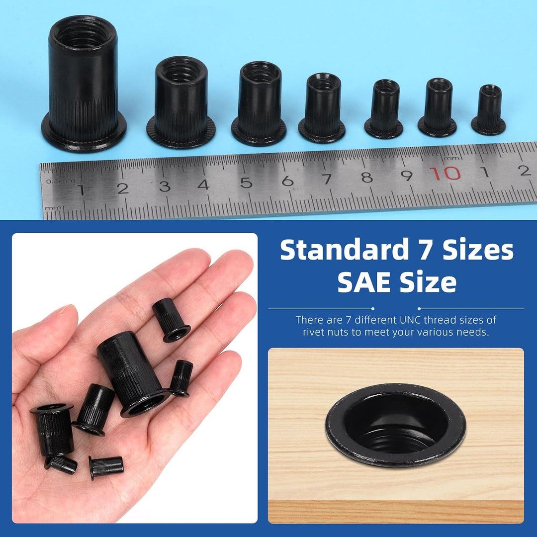 Black zinc-plated 1/4-20 UNC rivet nuts