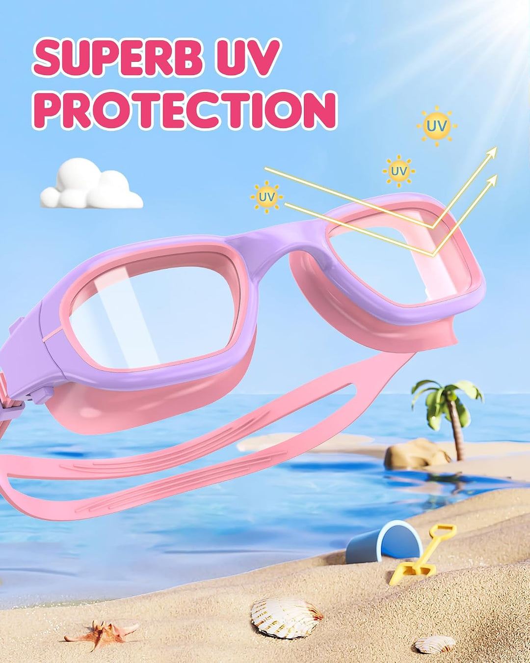 Light purple and pink kids' swim goggles