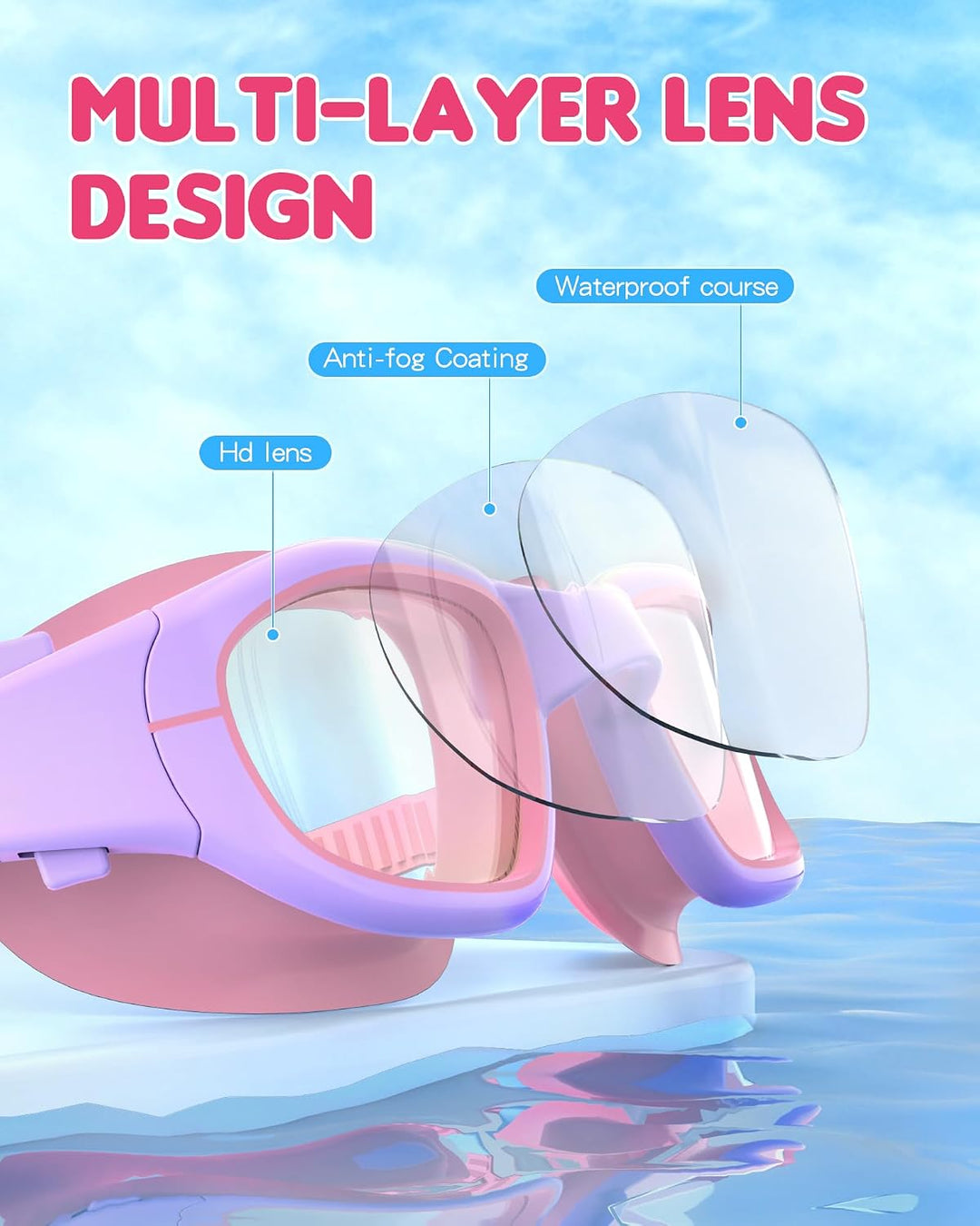 Light purple and pink kids' swim goggles