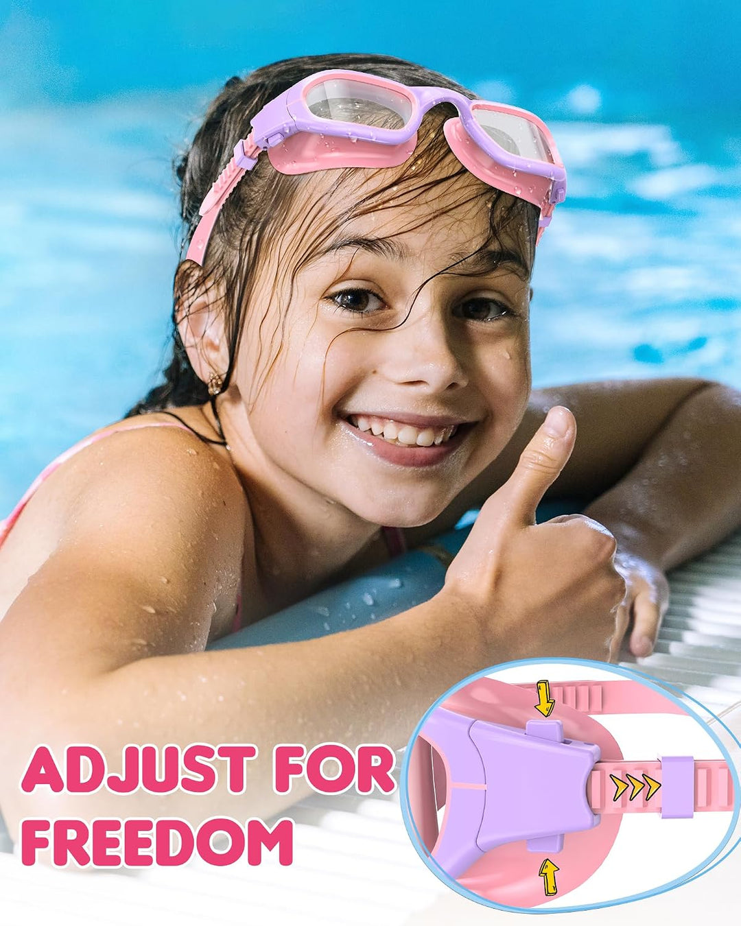 Light purple and pink kids' swim goggles
