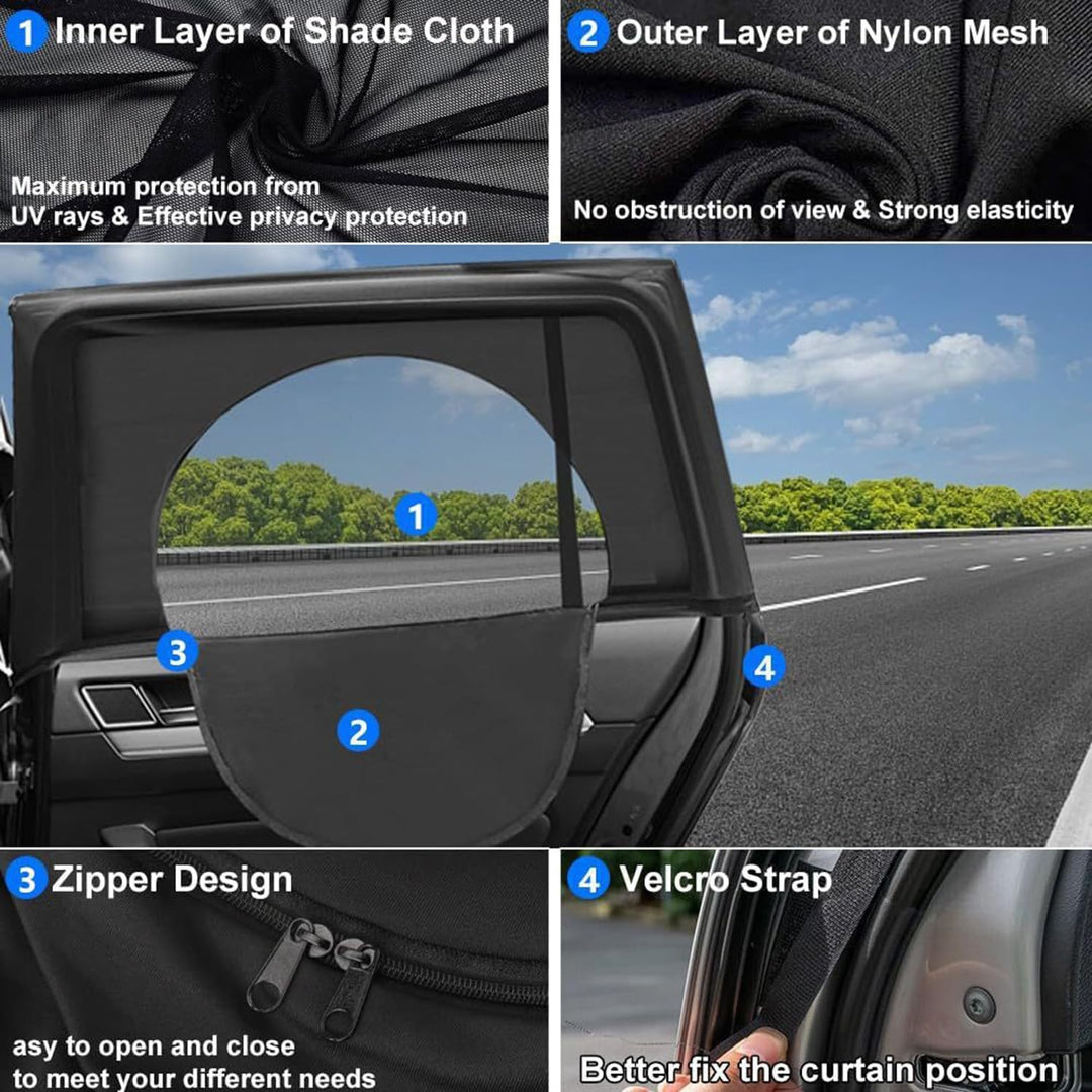 Two black mesh car window shades with zippers