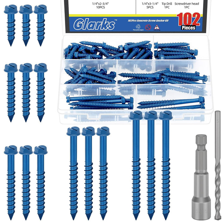 102-piece blue 1/4-inch concrete screw assortment