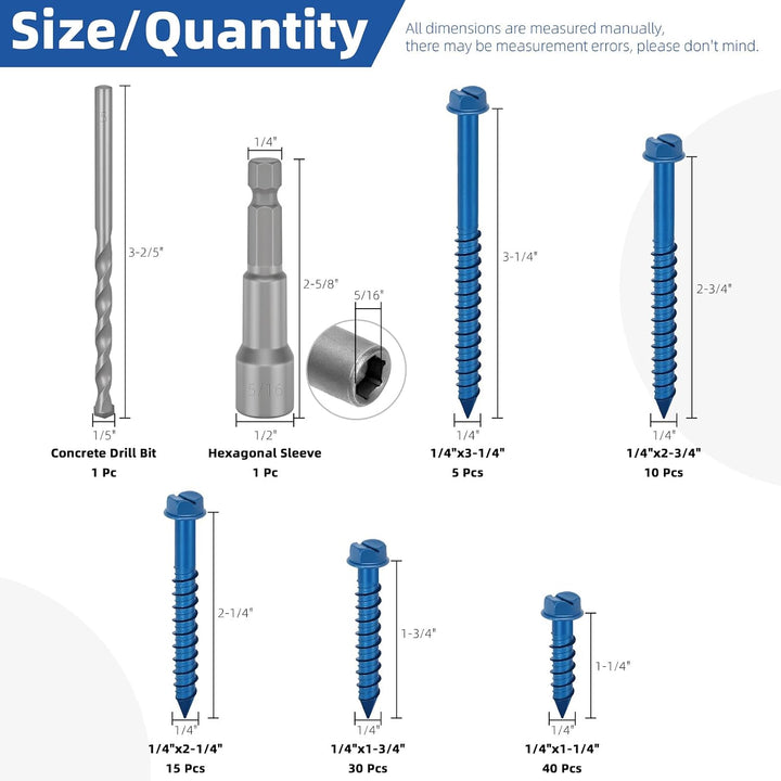 102-piece blue 1/4-inch concrete screw assortment