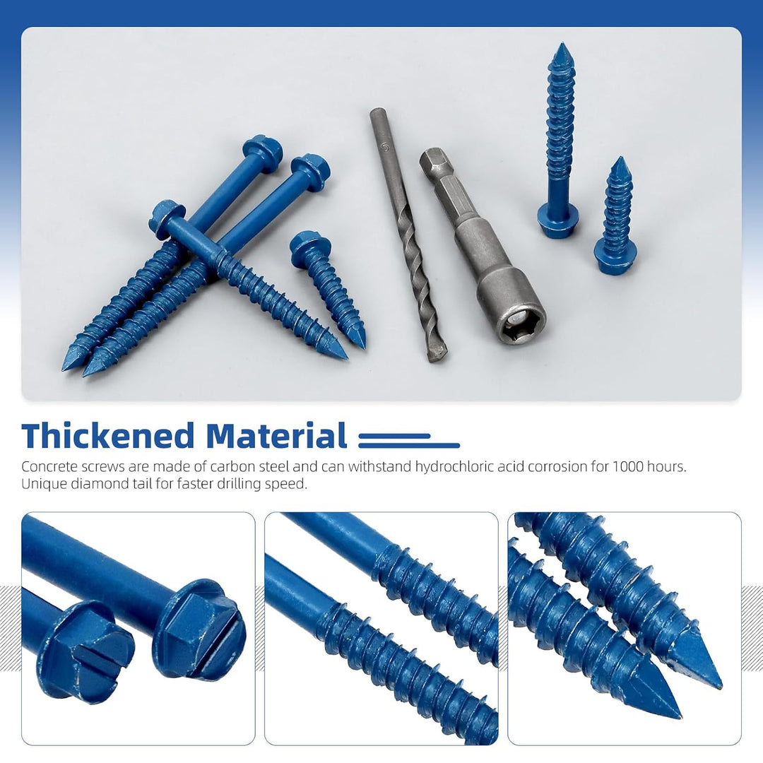 102-piece blue 1/4-inch concrete screw assortment