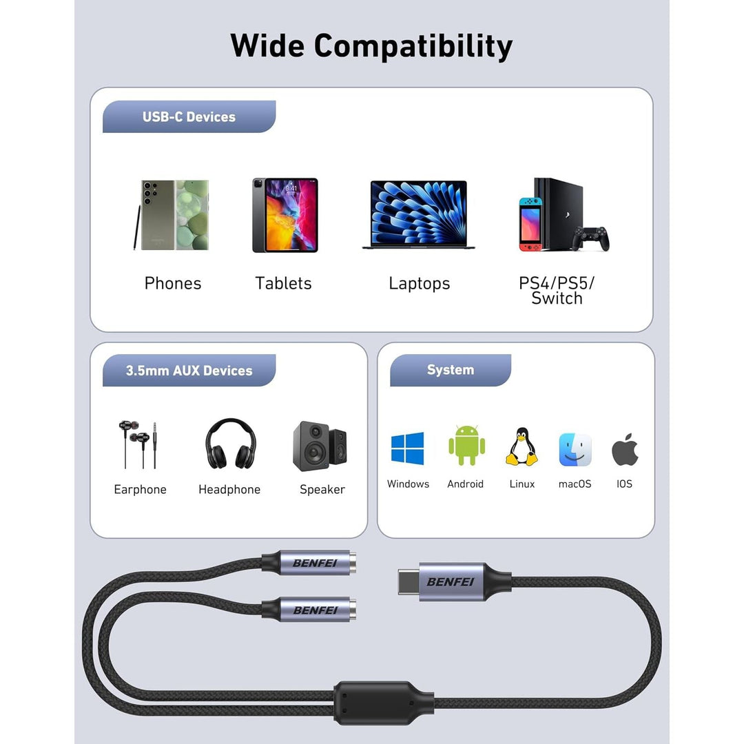 USB C to Dual 3.5mm Audio Splitter, Headphone Adapter for 2 People to Share Music & Movies, Compatible with iPhone 16/15 Pro Max/Pro/Plus, Samsung GalaxyS23/S22, iPad Pro, MacBook, Pixel & More - Just Closeouts Canada Inc.000433grey