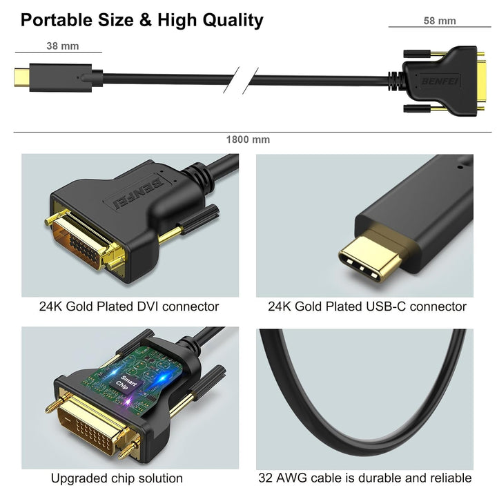 USB C to DVI Cable, 1.8 Meter Type-C(Thunderbolt 3) to DVI Cable Compatible for MacBook Pro 2019/2018/2017, Samsung Galaxy S9/S8, Surface Book 2, Dell XPS 13/15, Pixelbook and More - Just Closeouts Canada Inc.000205