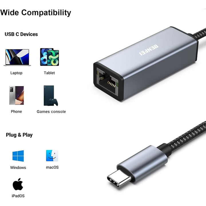 USB-C to Ethernet Adapter, USB Type-C (Thunderbolt 3/4) to RJ45 Gigabit Ethernet LAN Network Adapter Compatible with iPhone 15 Pro/Max, MacBook Pro/Air 2023, iPad Pro,iMac, S23, XPS 17 and More - Just Closeouts Canada Inc.000269grey