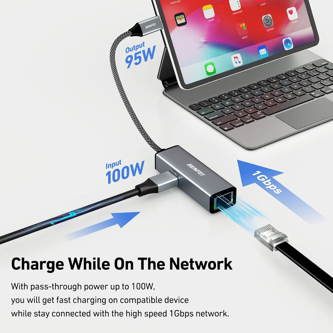 USB-C to Ethernet Gigabit Adapter with 100W Power Delivery, Thunderbolt 3/4 to RJ45 Ethernet LAN Network Adapter Compatible with iPhone 15 Pro/Max, MacBook Pro/Air 2023, iPad Pro, iMac - Just Closeouts Canada Inc.000362grey