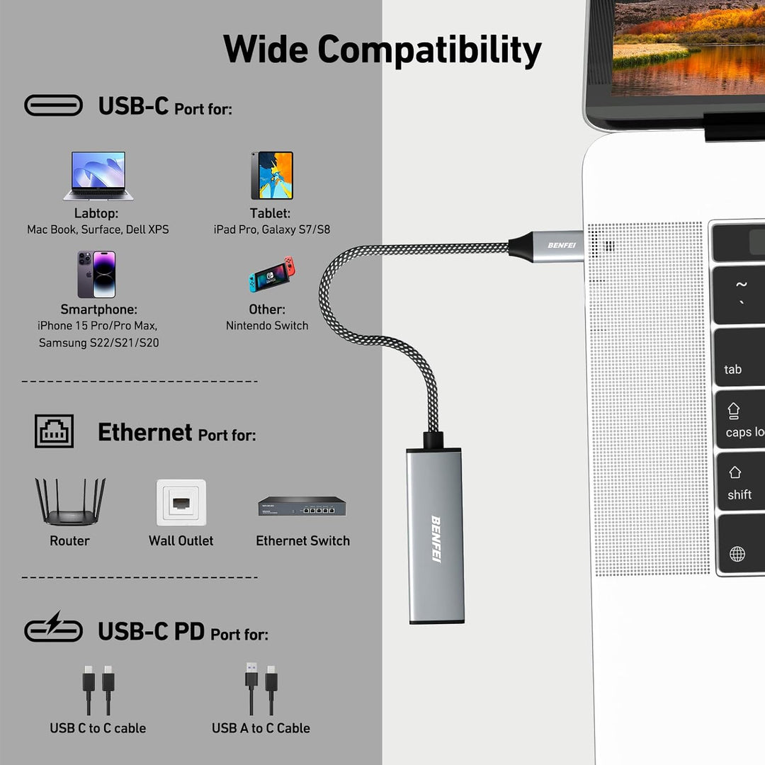 USB-C to Ethernet Gigabit Adapter with 100W Power Delivery, Thunderbolt 3/4 to RJ45 Ethernet LAN Network Adapter Compatible with iPhone 15 Pro/Max, MacBook Pro/Air 2023, iPad Pro, iMac - Just Closeouts Canada Inc.000362grey