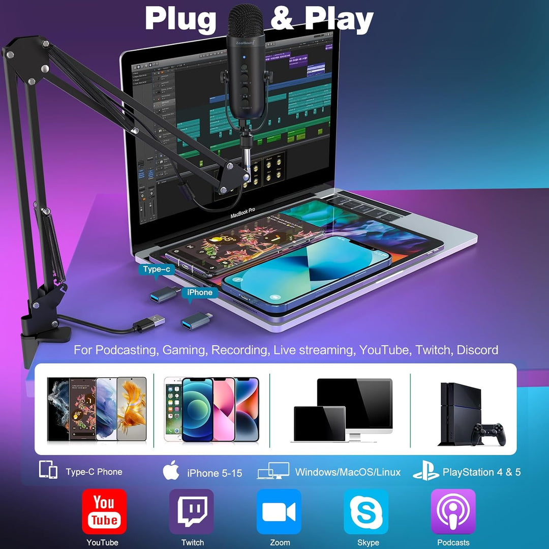 USB Gaming Microphone,ZealSound Noise Cancellation Mic Kit for Phone PC Computer Tablet with Boom Arm Stand,Podcast Condenser Mic set,Mute Button,Echo&Volume Gain Knob,Monitor,Streaming Recording ASMR - Just Closeouts Canada Inc.