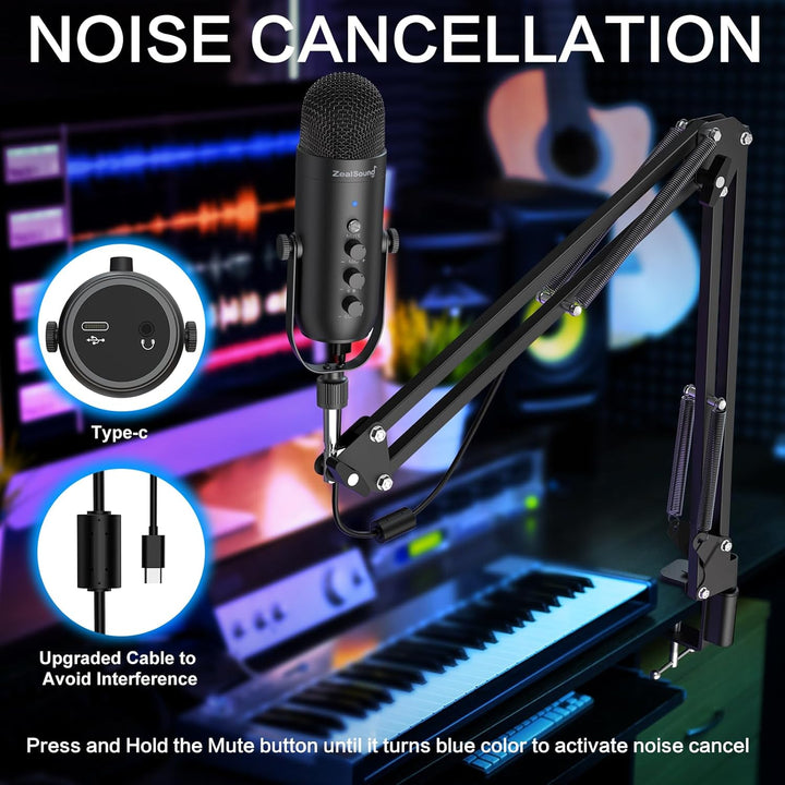 USB Gaming Microphone,ZealSound Noise Cancellation Mic Kit for Phone PC Computer Tablet with Boom Arm Stand,Podcast Condenser Mic set,Mute Button,Echo&Volume Gain Knob,Monitor,Streaming Recording ASMR - Just Closeouts Canada Inc.