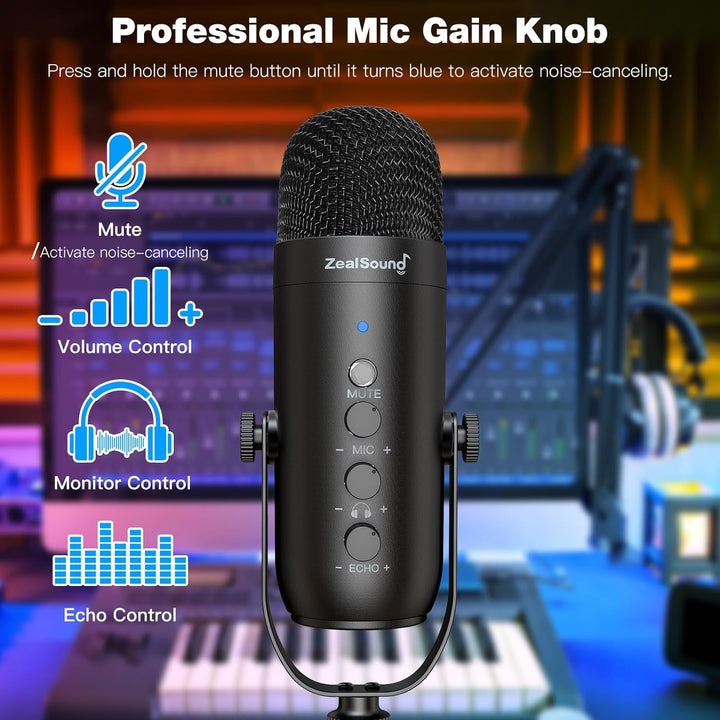 USB Gaming Microphone,ZealSound Noise Cancellation Mic Kit for Phone PC Computer Tablet with Boom Arm Stand,Podcast Condenser Mic set,Mute Button,Echo&Volume Gain Knob,Monitor,Streaming Recording ASMR - Just Closeouts Canada Inc.
