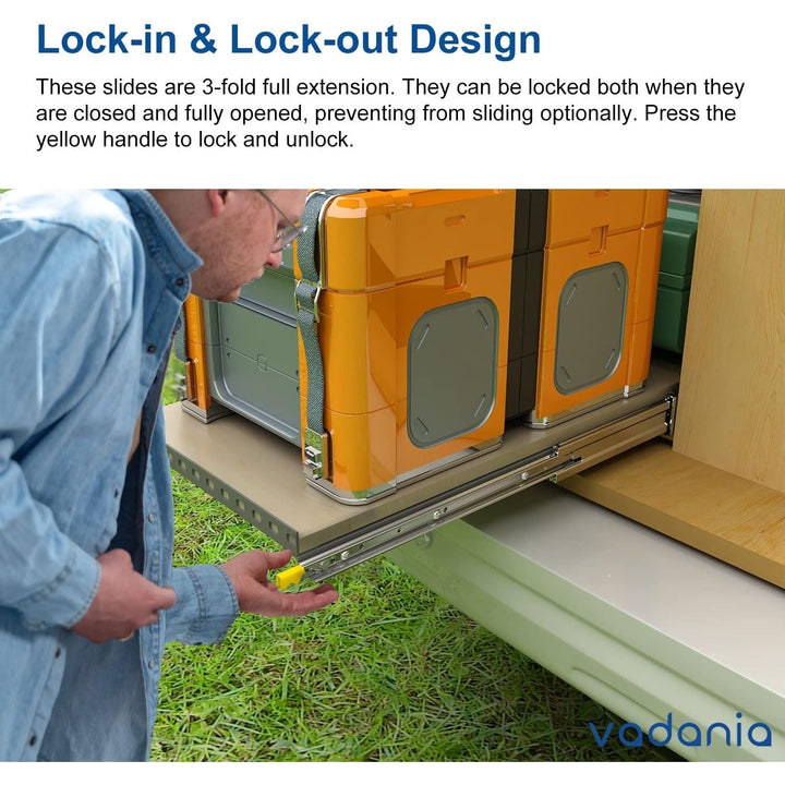 VADANIA 56" Industrial Grade Heavy Duty Drawer Slide with Lock VD2576, 3" Widening Up to 308lb Load Capacity, 3 - Fold Full Extension, Ball Bearing Lock - in & Lock - Out, Side Mount, 1 - Pair - Just Closeouts Canada Inc.