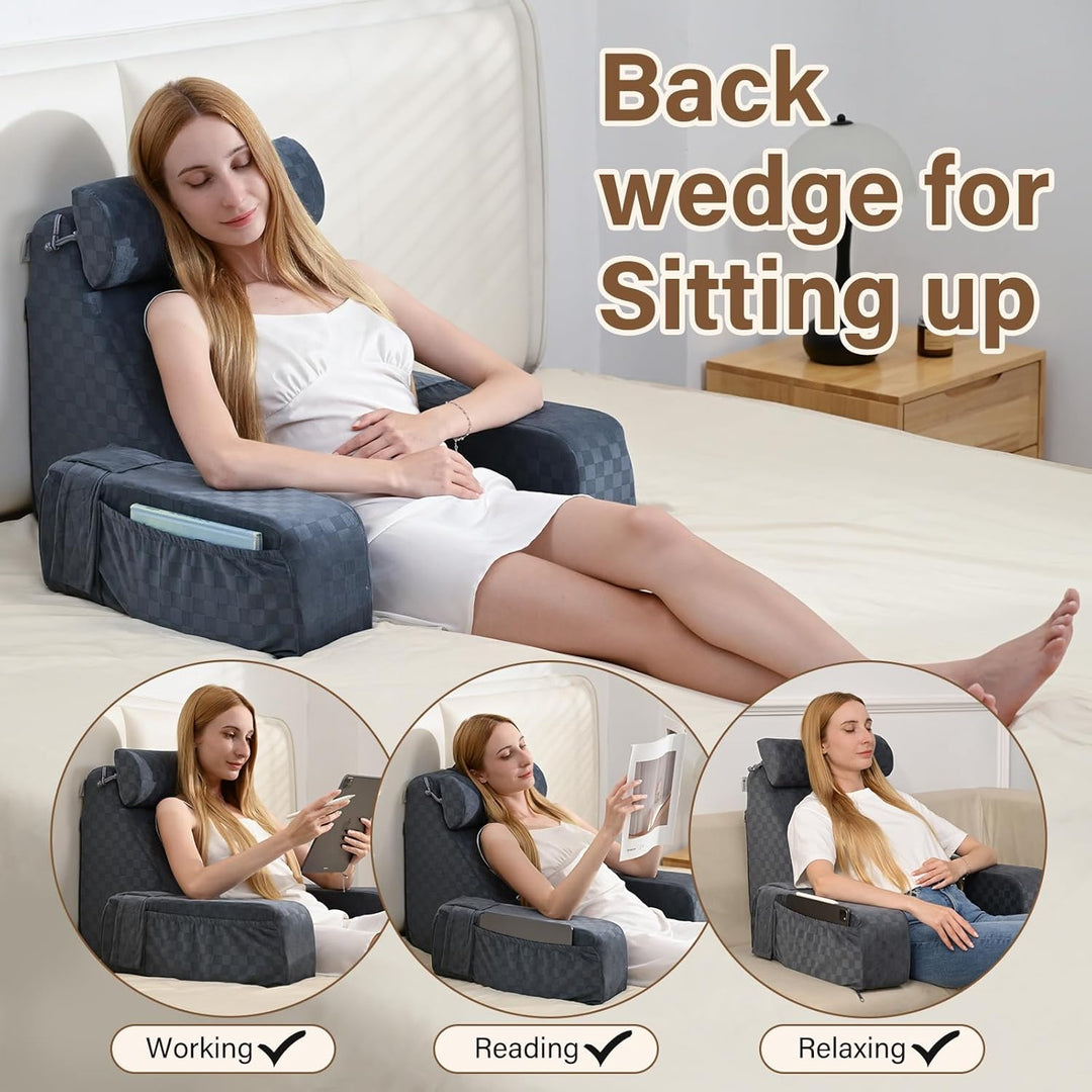 Vekkia Reading Pillow for Sitting in Bed Adult,Back Pillow for Bed Sitting Up,Back Support Pillow,Big Pockets for Gaming,Watching TV in Floor,19in(Grey) - Just Closeouts Canada Inc.