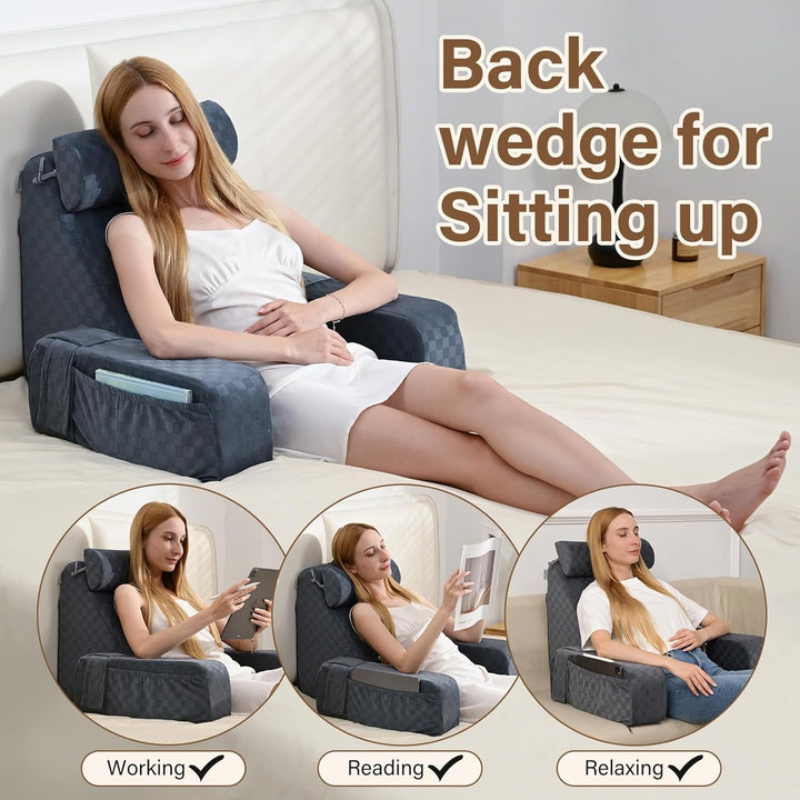 Vekkia Reading Pillow for Sitting in Bed Adult,Back Pillow for Bed Sitting Up,Back Support Pillow,Big Pockets for Gaming,Watching TV in Floor,19in(Grey) - Just Closeouts Canada Inc.