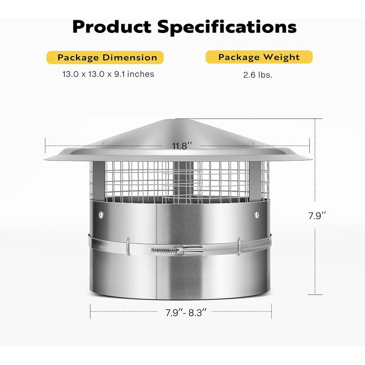 VIVOHOME 8" Cone Top Chimney Cap with Screen, Round Roof Rain Chimney Cover, Stainless Steel Fireplace Exhaust Cap, Adjustable Roof Cap for Vent - Just Closeouts Canada Inc.