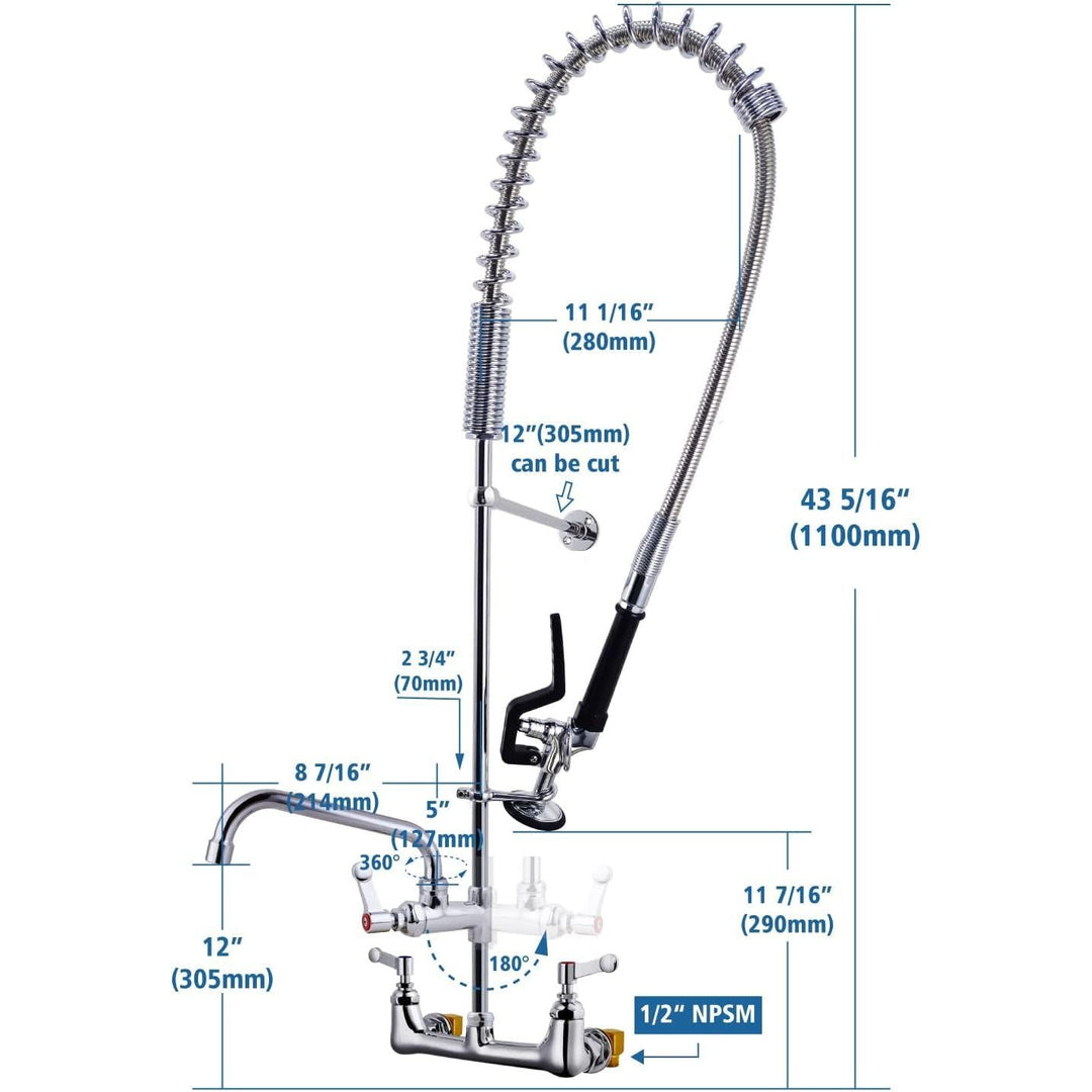 Wall Mount Hot & Cold Water Powerful Pull Out Spray Commercial Pre Rinse Restaurant Kitchen Faucet with Add On Spout, Installation Kits Included … (6003 - 1P) - Just Closeouts Canada Inc.B0776RZ7XB