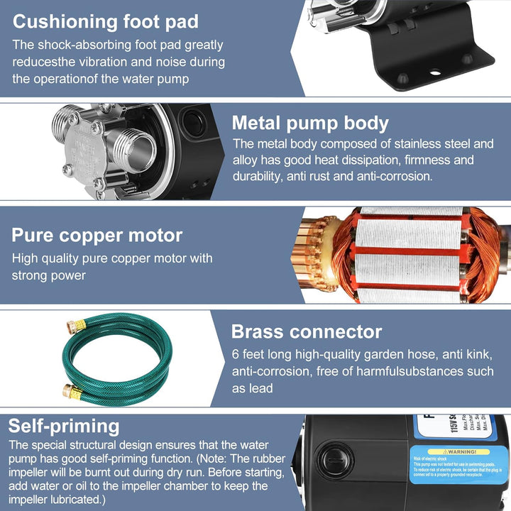Water Pump 115V 1/10 HP 330 GPH Water Transfer Pump with 3/4 inch Ports Suction Hose and Spare Impeller Electric Water Pump Utility Pump - Black - Just Closeouts Canada Inc.