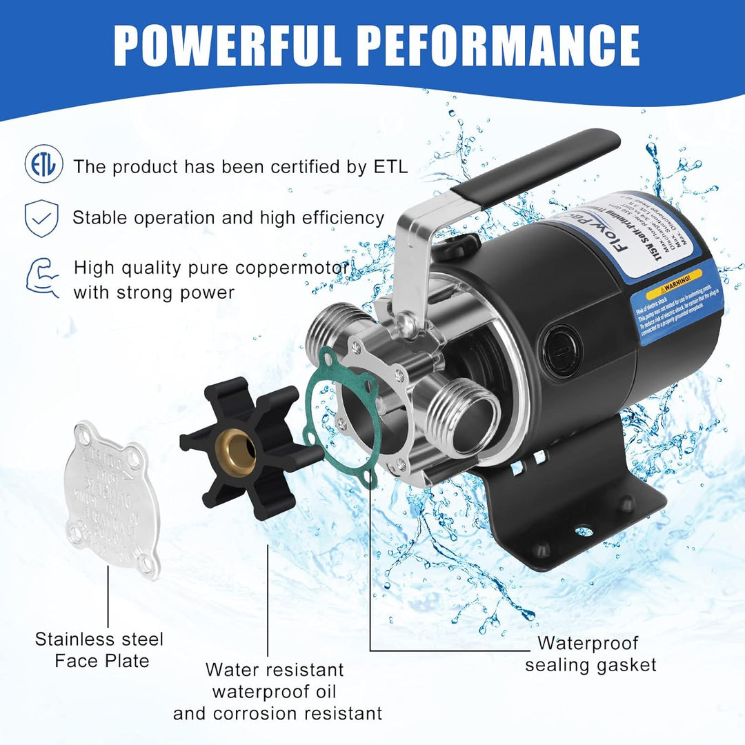 Water Pump 115V 1/10 HP 330 GPH Water Transfer Pump with 3/4 inch Ports Suction Hose and Spare Impeller Electric Water Pump Utility Pump - Black - Just Closeouts Canada Inc.