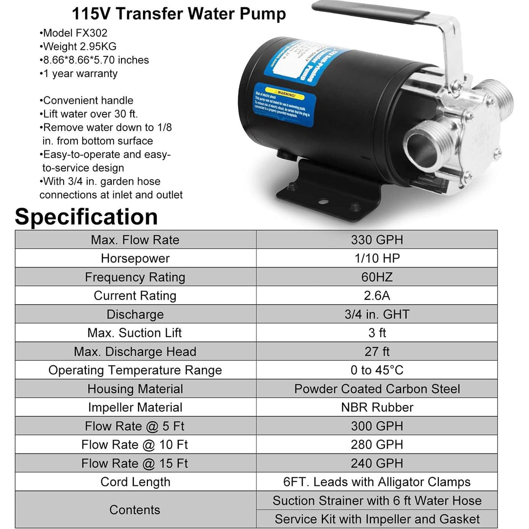 Water Pump 115V 1/10 HP 330 GPH Water Transfer Pump with 3/4 inch Ports Suction Hose and Spare Impeller Electric Water Pump Utility Pump - Black - Just Closeouts Canada Inc.