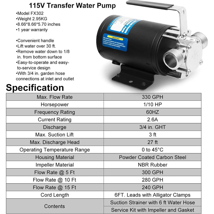 Water Pump 115V 1/10 HP 330 GPH Water Transfer Pump with 3/4 inch Ports Suction Hose and Spare Impeller Electric Water Pump Utility Pump - Black - Just Closeouts Canada Inc.