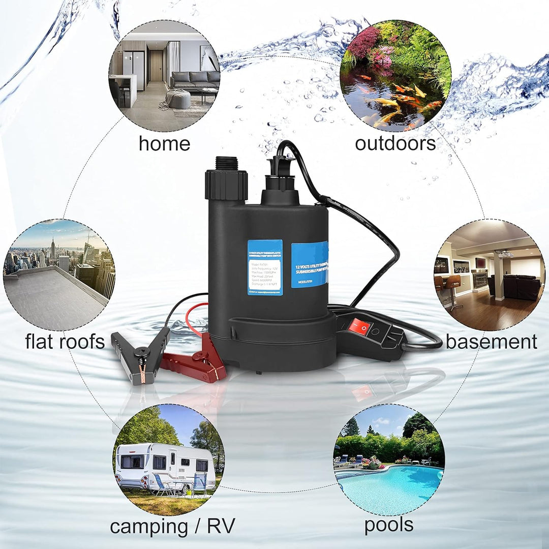 Water Pump Submersible Pump DC 12V Sump Pump 1500 GPH Utility Pump with Switch - Black - Just Closeouts Canada Inc.