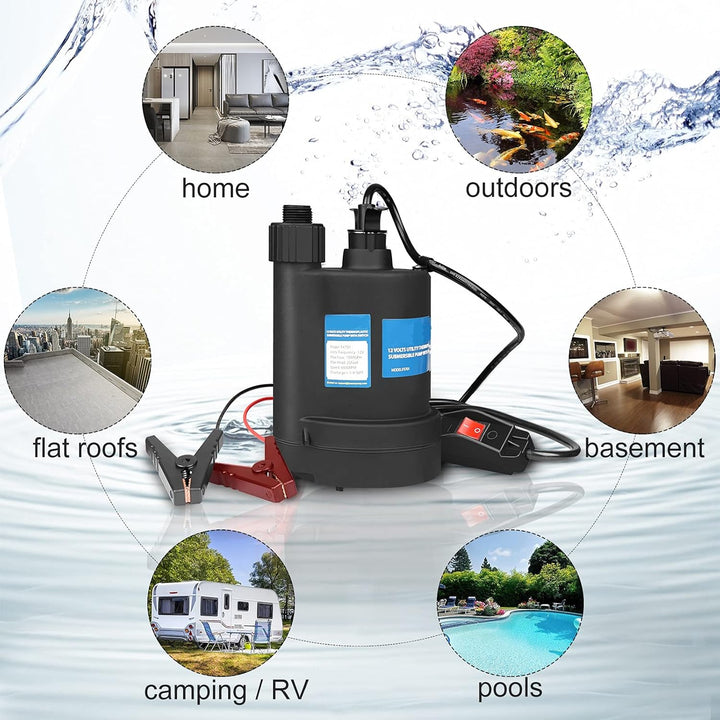 Water Pump Submersible Pump DC 12V Sump Pump 1500 GPH Utility Pump with Switch - Black - Just Closeouts Canada Inc.