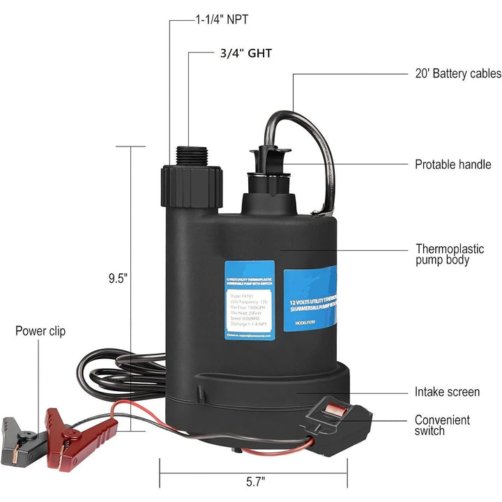 Water Pump Submersible Pump DC 12V Sump Pump 1500 GPH Utility Pump with Switch - Black - Just Closeouts Canada Inc.