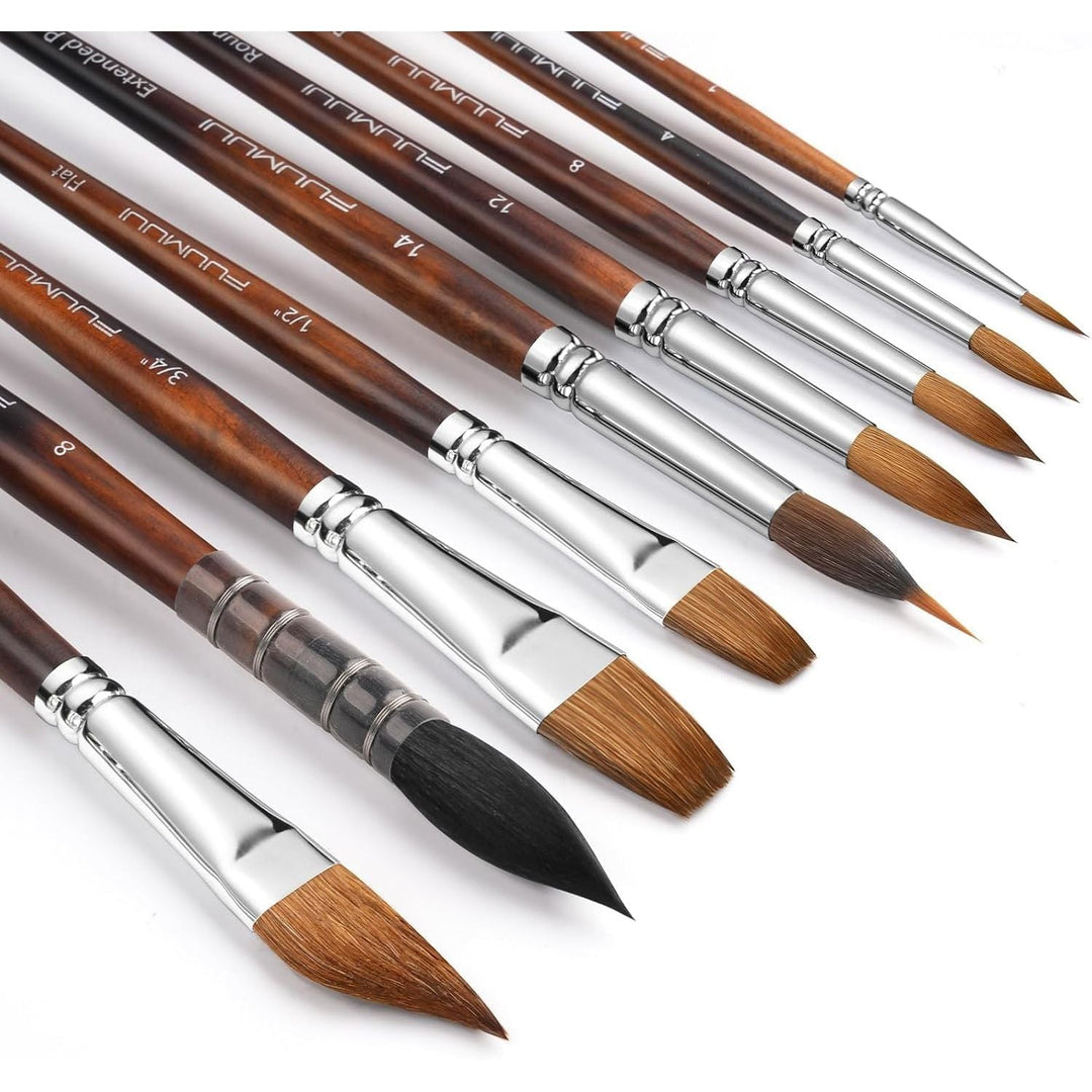 Watercolor Paint Brushes, Fuumuui 9pcs Professional Sable Brushes & Natural Squirrel Mop Brush Set with Extended Needle, Round Point, Flat, Dagger, Quill Wash for Watercolor Gouache Inks - Just Closeouts Canada Inc.