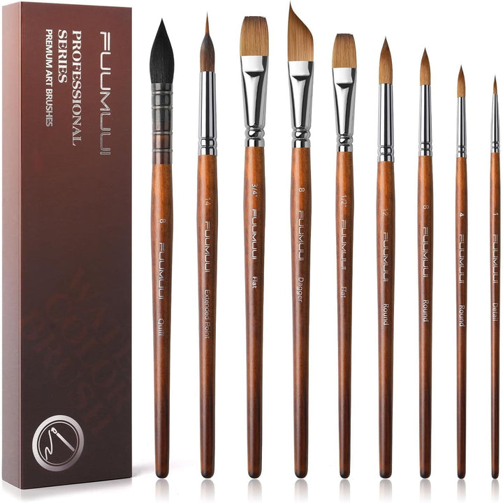 Watercolor Paint Brushes, Fuumuui 9pcs Professional Sable Brushes & Natural Squirrel Mop Brush Set with Extended Needle, Round Point, Flat, Dagger, Quill Wash for Watercolor Gouache Inks - Just Closeouts Canada Inc.