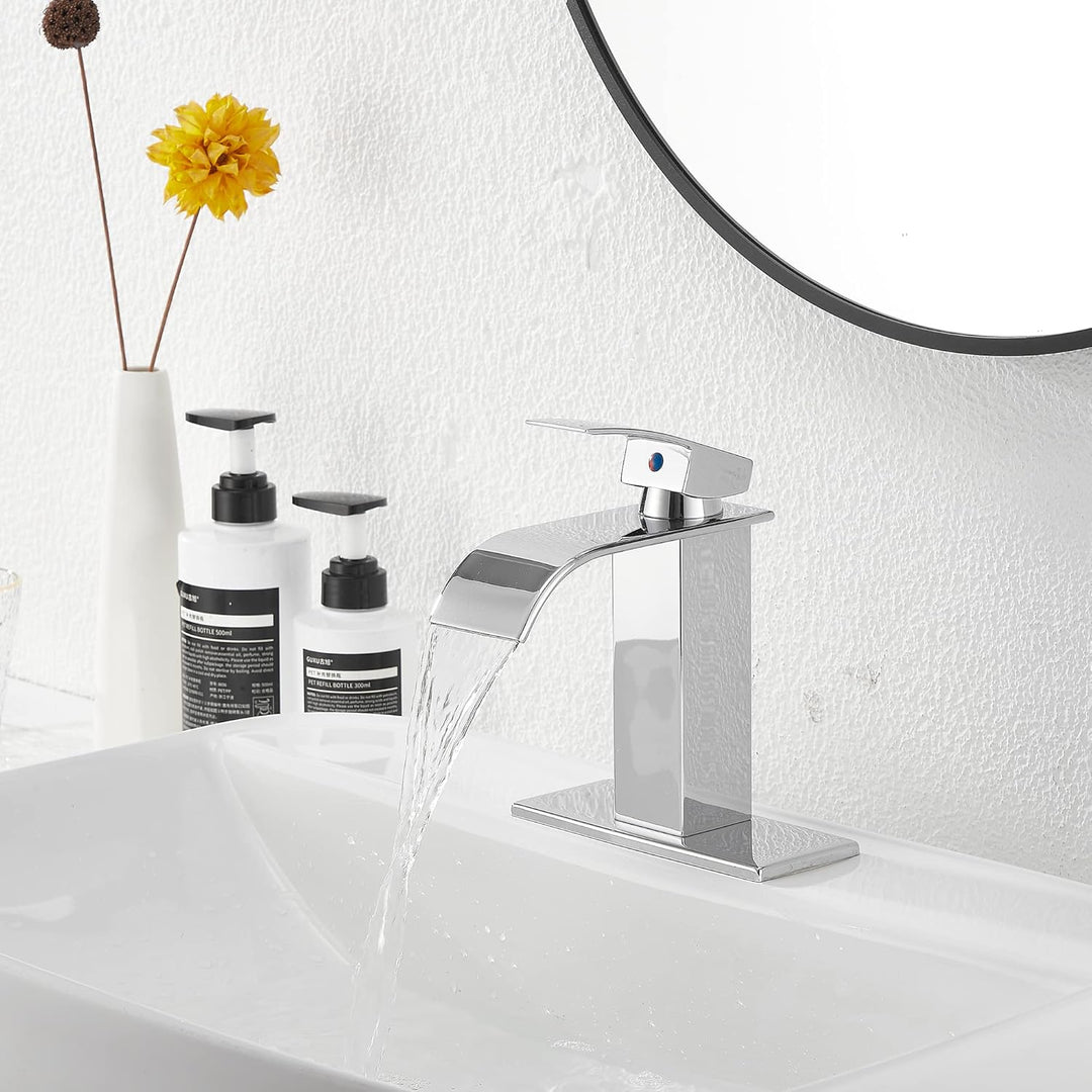 Waterfall Bathroom Faucet Single - Handle Bathroom Faucet One Hole Sink Faucet Chrome Matching with Pop Up Drain with Overflow Lavatory Faucets Basin Mixer Tap Washingroom Faucet - Just Closeouts Canada Inc.