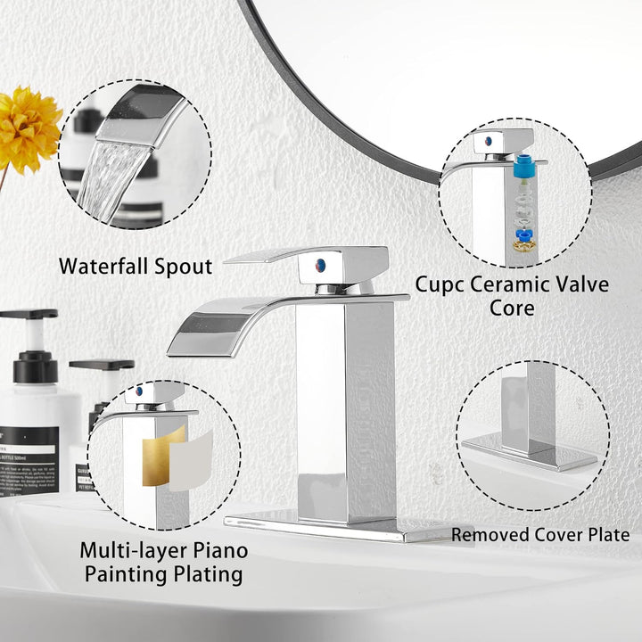 Waterfall Bathroom Faucet Single - Handle Bathroom Faucet One Hole Sink Faucet Chrome Matching with Pop Up Drain with Overflow Lavatory Faucets Basin Mixer Tap Washingroom Faucet - Just Closeouts Canada Inc.