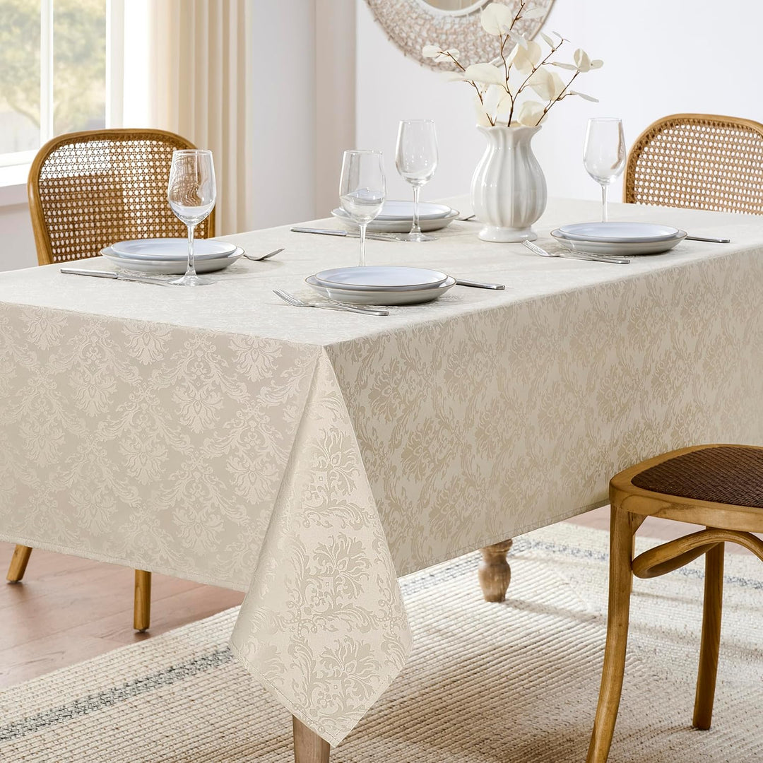 Waterproof Damask Floral Design Table Cloth for 8ft Rectangle Table, Easy to Clean Wrinkle-Free Outdoor Tablecloth for Wedding, Party and Camping(Oblong, 60 x 120 Inch (10-12 Seats), Beige) - Just Closeouts Canada Inc.X004O46RZB