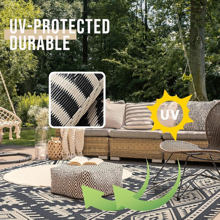 Waterproof Outdoor Rug 8x10 ft, Reversible Plastic Straw Patio Camping Rugs, Large Foldable Outdoor Carpet Deck Rugs for Patio, RV, Outside Entry, Backyard, Bench, Picnic, Black & Beige - Just Closeouts Canada Inc.
