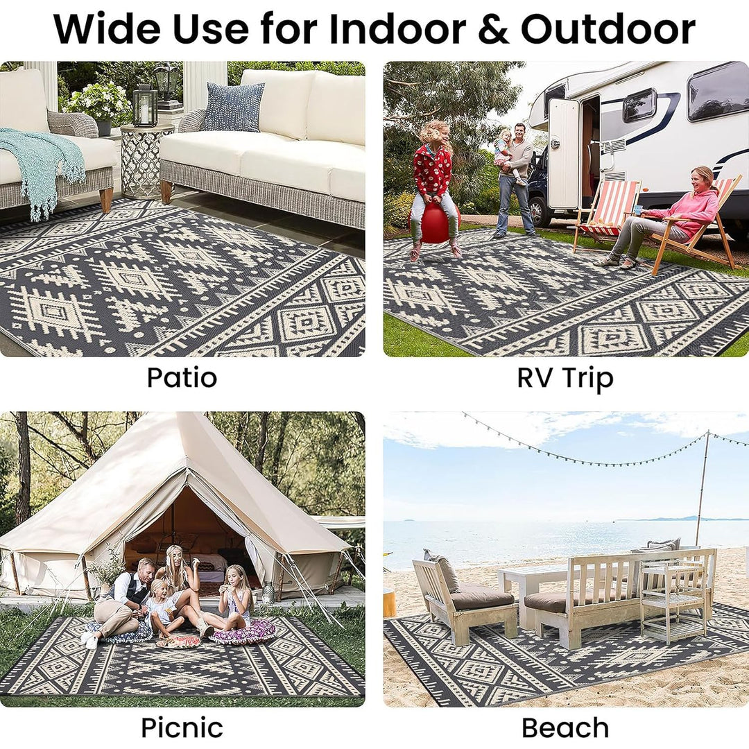 Waterproof Outdoor Rug 8x10 ft, Reversible Plastic Straw Patio Camping Rugs, Large Foldable Outdoor Carpet Deck Rugs for Patio, RV, Outside Entry, Backyard, Bench, Picnic, Black & Beige - Just Closeouts Canada Inc.