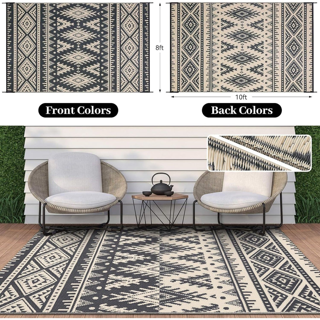Waterproof Outdoor Rug 8x10 ft, Reversible Plastic Straw Patio Camping Rugs, Large Foldable Outdoor Carpet Deck Rugs for Patio, RV, Outside Entry, Backyard, Bench, Picnic, Black & Beige - Just Closeouts Canada Inc.