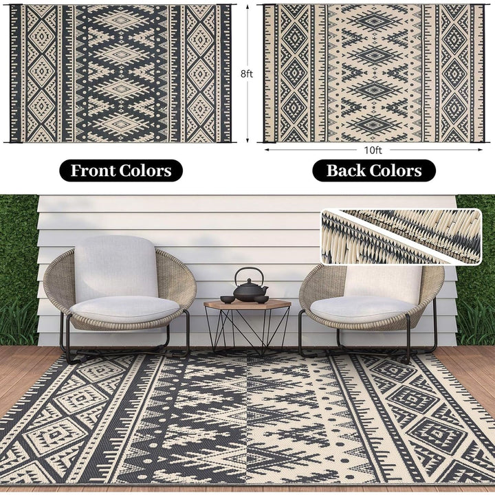 Waterproof Outdoor Rug 8x10 ft, Reversible Plastic Straw Patio Camping Rugs, Large Foldable Outdoor Carpet Deck Rugs for Patio, RV, Outside Entry, Backyard, Bench, Picnic, Black & Beige - Just Closeouts Canada Inc.