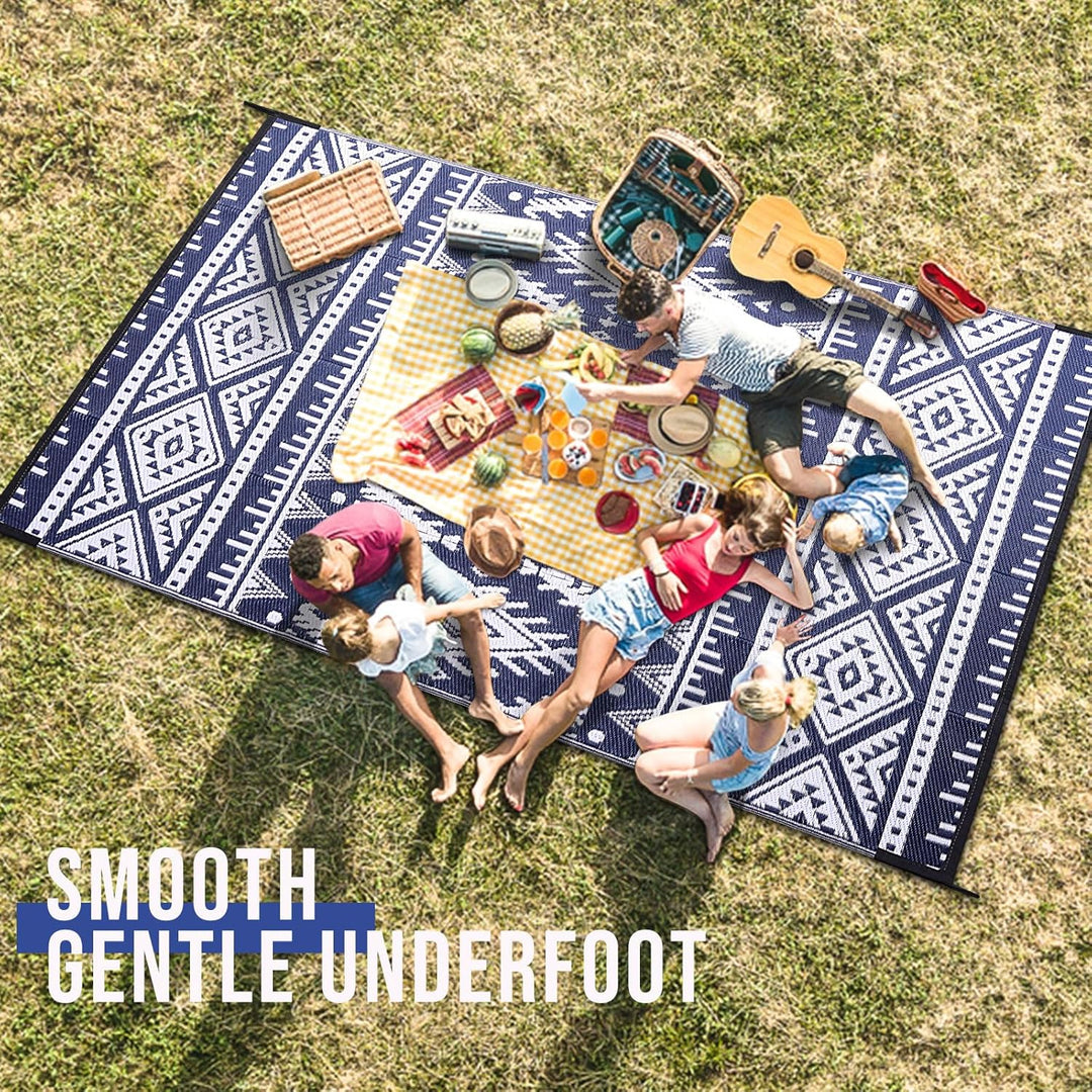 Waterproof Outdoor Rug 9x12 ft, Reversible Plastic Straw Patio Camping Rugs, Large Foldable Outdoor Carpet Deck Rugs for Patio, RV, Outside Entry, Backyard, Bench, Picnic, Navy & White - Just Closeouts Canada Inc.