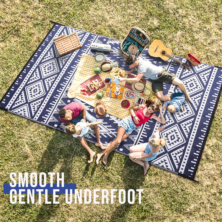 Waterproof Outdoor Rug 9x12 ft, Reversible Plastic Straw Patio Camping Rugs, Large Foldable Outdoor Carpet Deck Rugs for Patio, RV, Outside Entry, Backyard, Bench, Picnic, Navy & White - Just Closeouts Canada Inc.