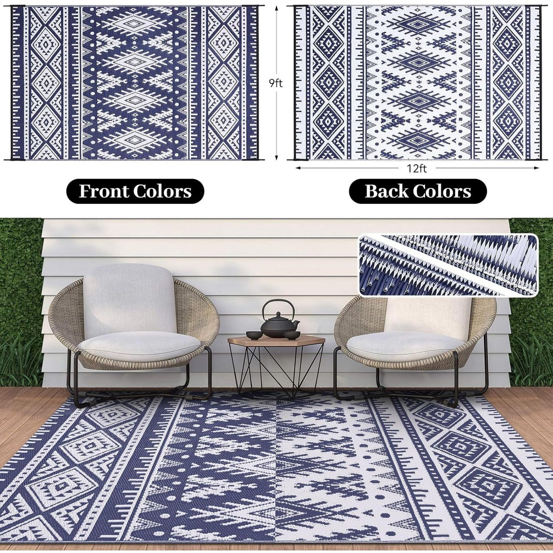Waterproof Outdoor Rug 9x12 ft, Reversible Plastic Straw Patio Camping Rugs, Large Foldable Outdoor Carpet Deck Rugs for Patio, RV, Outside Entry, Backyard, Bench, Picnic, Navy & White - Just Closeouts Canada Inc.