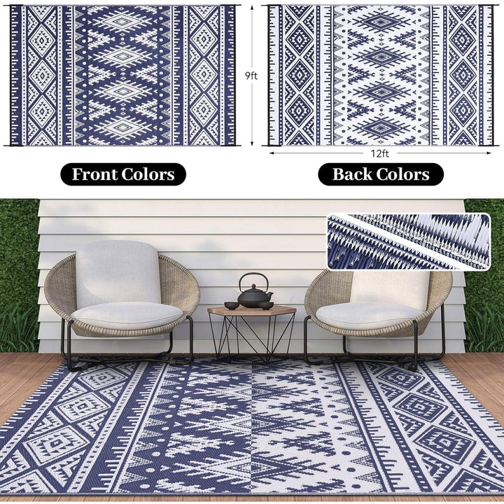 Waterproof Outdoor Rug 9x12 ft, Reversible Plastic Straw Patio Camping Rugs, Large Foldable Outdoor Carpet Deck Rugs for Patio, RV, Outside Entry, Backyard, Bench, Picnic, Navy & White - Just Closeouts Canada Inc.