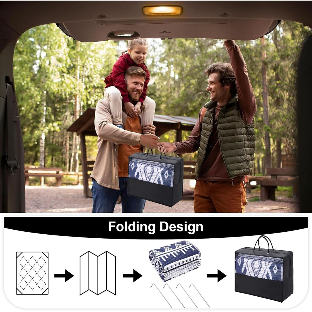 Waterproof Outdoor Rug 9x12 ft, Reversible Plastic Straw Patio Camping Rugs, Large Foldable Outdoor Carpet Deck Rugs for Patio, RV, Outside Entry, Backyard, Bench, Picnic, Navy & White - Just Closeouts Canada Inc.