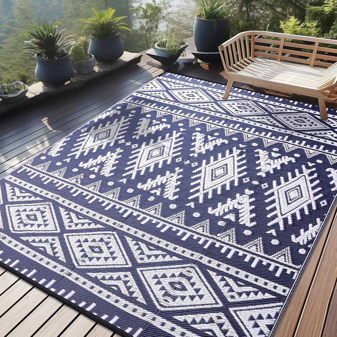 Waterproof Outdoor Rug 9x12 ft, Reversible Plastic Straw Patio Camping Rugs, Large Foldable Outdoor Carpet Deck Rugs for Patio, RV, Outside Entry, Backyard, Bench, Picnic, Navy & White - Just Closeouts Canada Inc.