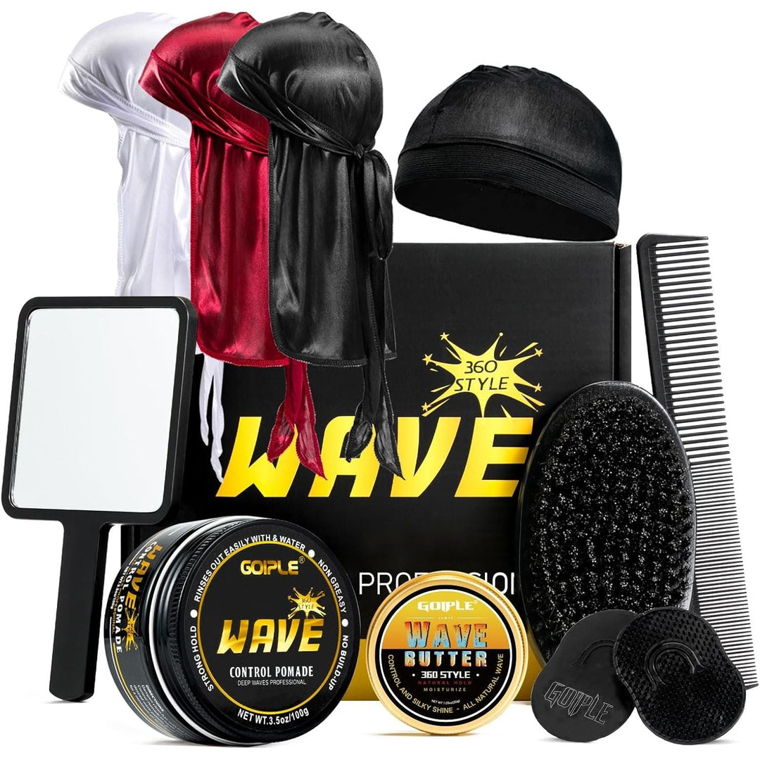 Wave Pomade for Men Strong Hold Easy Wash Hair Cream Grease, Promotes Layered Waves, Moisture, Shine, Brush and Durag Cap Set - Just Closeouts Canada Inc.
