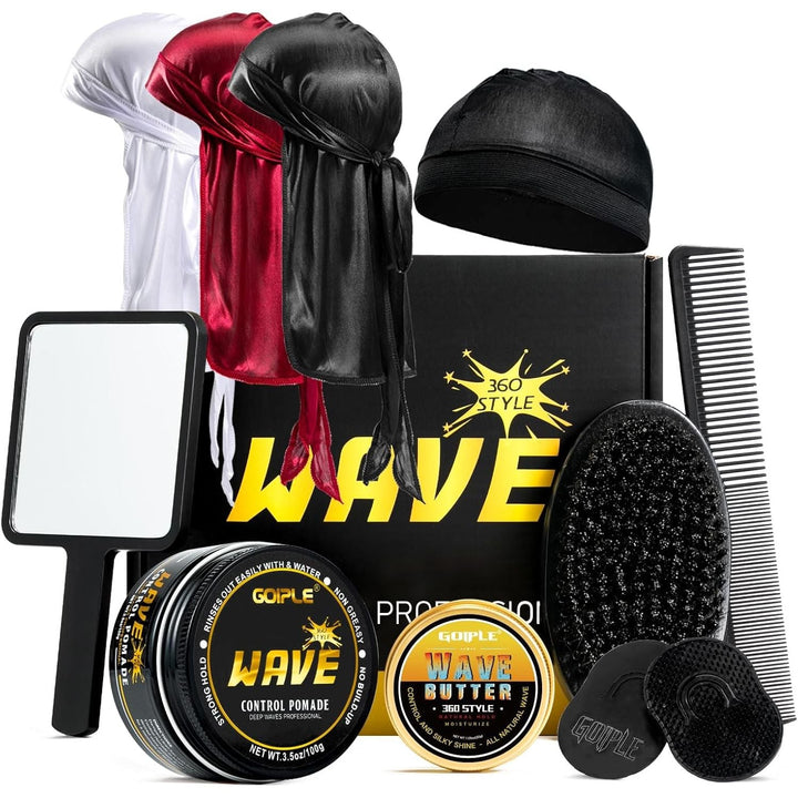 Wave Pomade for Men Strong Hold Easy Wash Hair Cream Grease, Promotes Layered Waves, Moisture, Shine, Brush and Durag Cap Set - Just Closeouts Canada Inc.