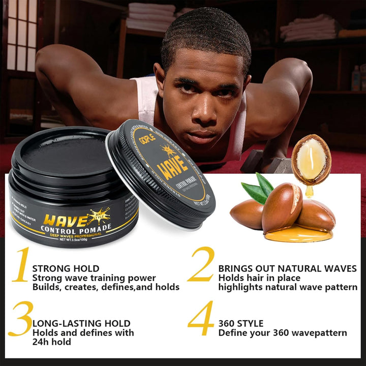 Wave Pomade for Men Strong Hold Easy Wash Hair Cream Grease, Promotes Layered Waves, Moisture, Shine, Brush and Durag Cap Set - Just Closeouts Canada Inc.