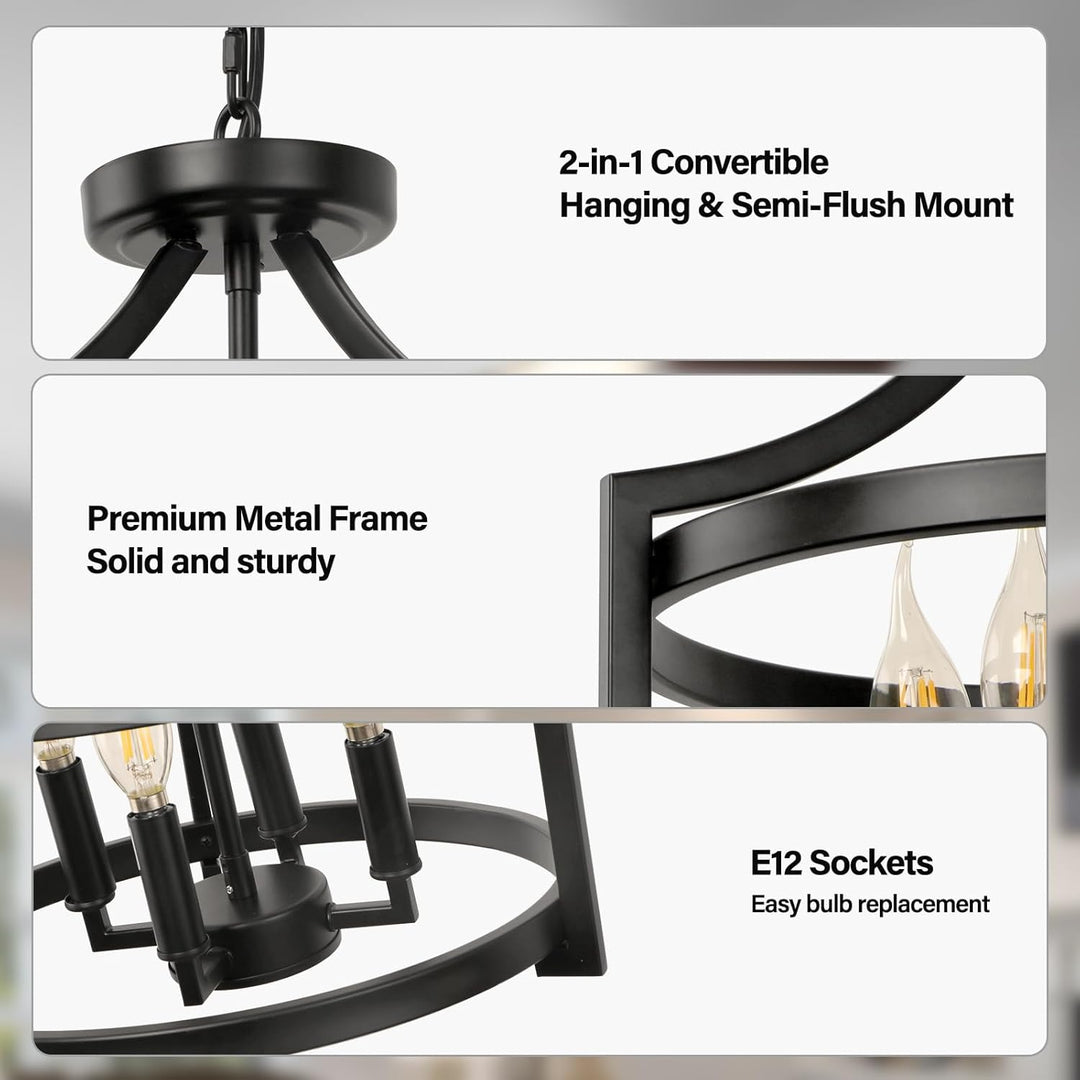 WBinDX 4 - Light Semi Flush Mount Ceiling Light Farmhouse Small Black Chandelier, Convertible Rustic Industrial Cage Pendant Lighting for Kitchen Island Dining Room Bedroom Foyer Hallway Entryway - Just Closeouts Canada Inc.